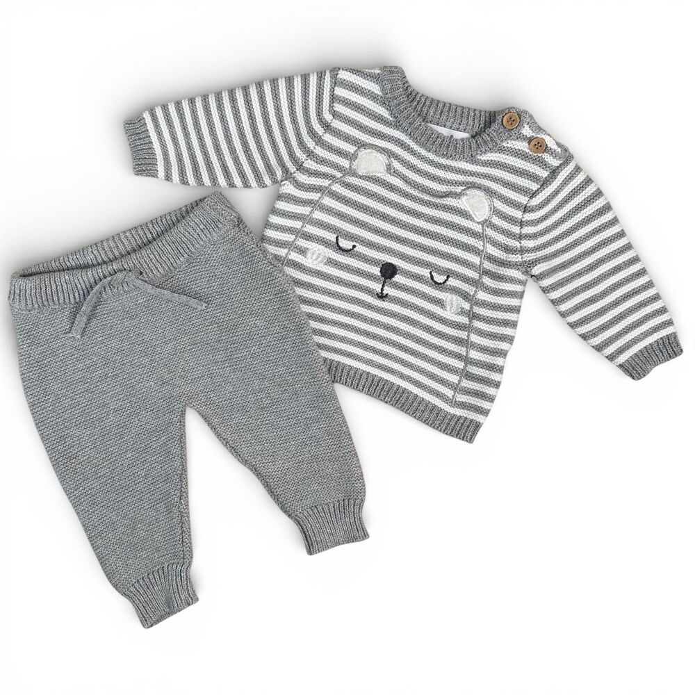 Rene Rofe Baby 2 Piece Knit Sweater and Jogger Set Grey White Bear 0-3 Months